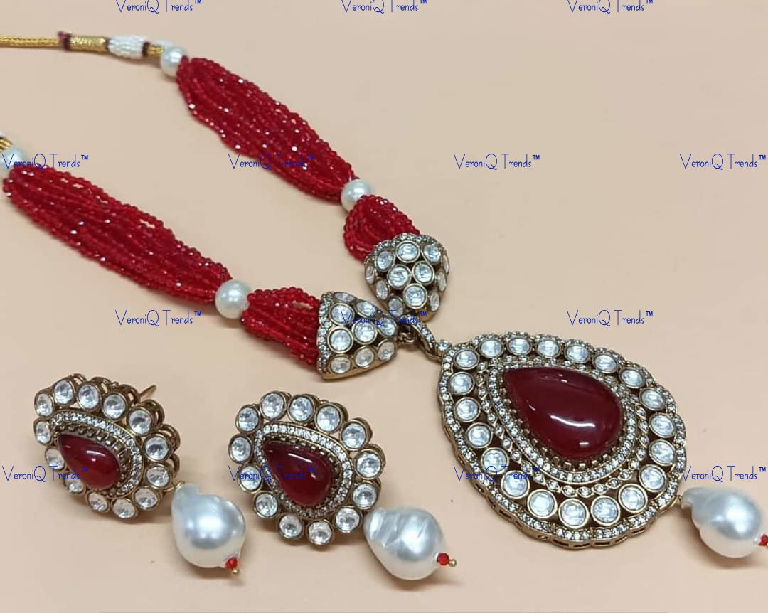 VeroniQ Trends-Multistrand Beaded Polki Long Necklace Polki-Gold Plated-Wedding Jewellery-Punjabi Jewellery-South Indian-Thappa Jewellery