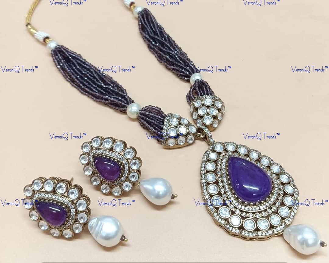 VeroniQ Trends-Multistrand Beaded Polki Long Necklace Polki-Gold Plated-Wedding Jewellery-Punjabi Jewellery-South Indian-Thappa Jewellery