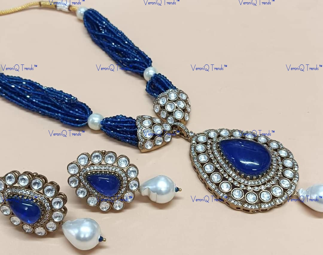 VeroniQ Trends-Multistrand Beaded Polki Long Necklace Polki-Gold Plated-Wedding Jewellery-Punjabi Jewellery-South Indian-Thappa Jewellery