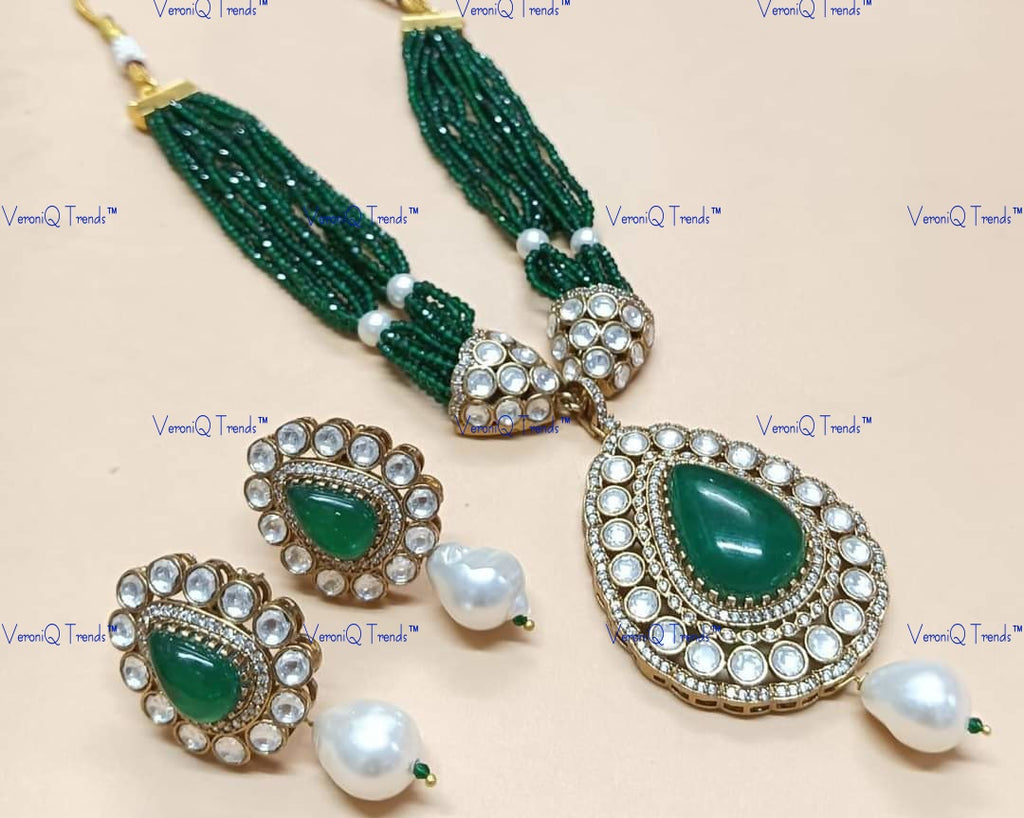VeroniQ Trends-Multistrand Beaded Polki Long Necklace Polki-Gold Plated-Wedding Jewellery-Punjabi Jewellery-South Indian-Thappa Jewellery