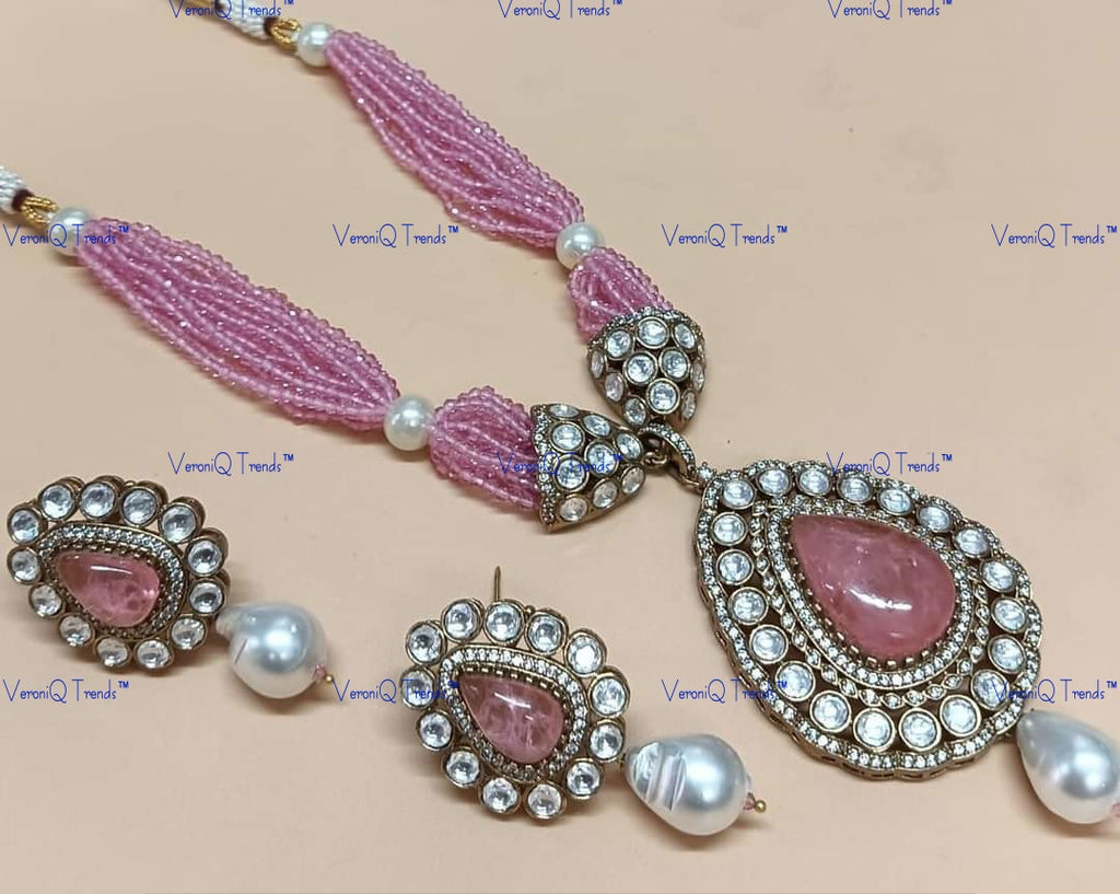 VeroniQ Trends-Multistrand Beaded Polki Long Necklace Polki-Gold Plated-Wedding Jewellery-Punjabi Jewellery-South Indian-Thappa Jewellery