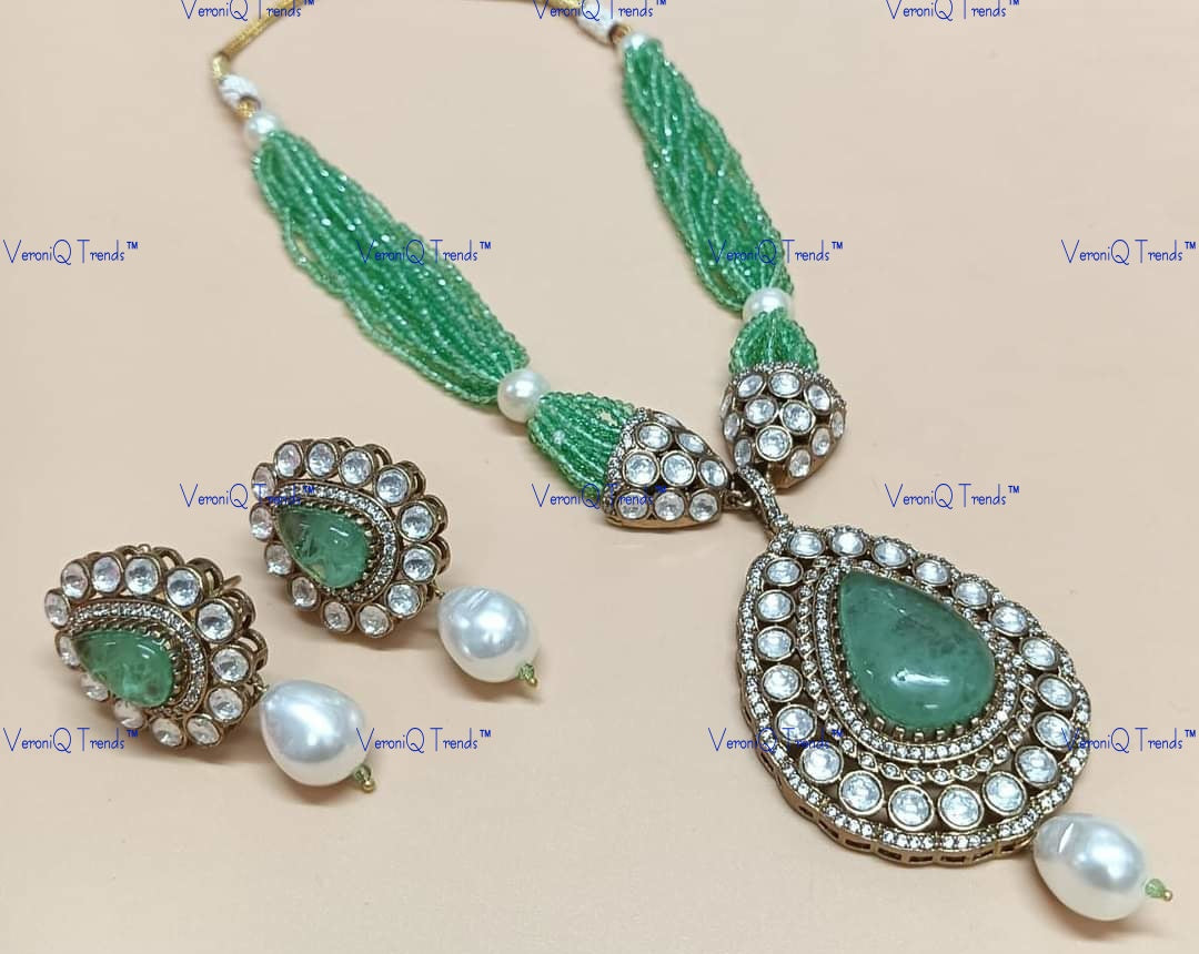VeroniQ Trends-Multistrand Beaded Polki Long Necklace Polki-Gold Plated-Wedding Jewellery-Punjabi Jewellery-South Indian-Thappa Jewellery