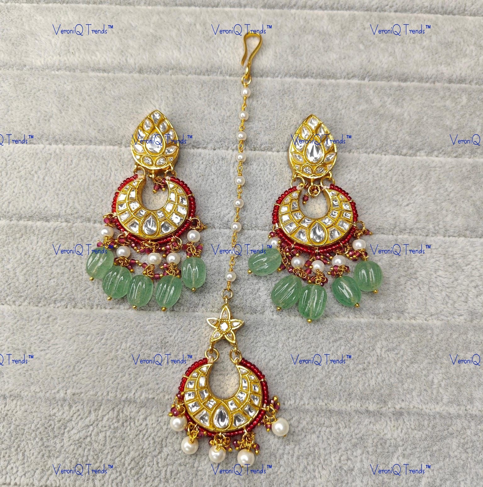 VeroniQ Trends-Traditional Chandbali Gold Plated Polki Earrings And Maang Tika Combo Polki-Gold Plated-Wedding Jewellery-Punjabi Jewellery-South Indian-Thappa Jewellery