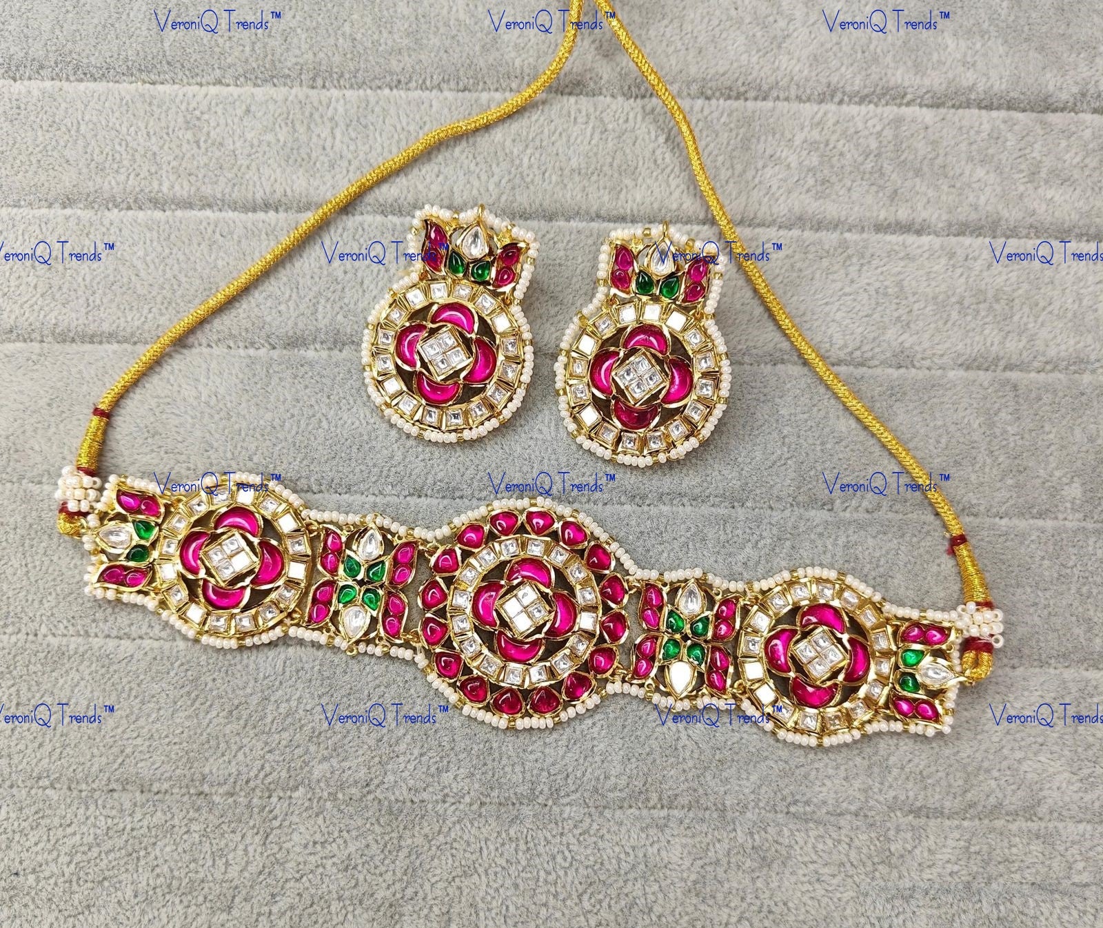 VeroniQ Trends-Gold Plated Kemp Stone Polki Choker Necklace Polki-Gold Plated-Wedding Jewellery-Punjabi Jewellery-South Indian-Thappa Jewellery