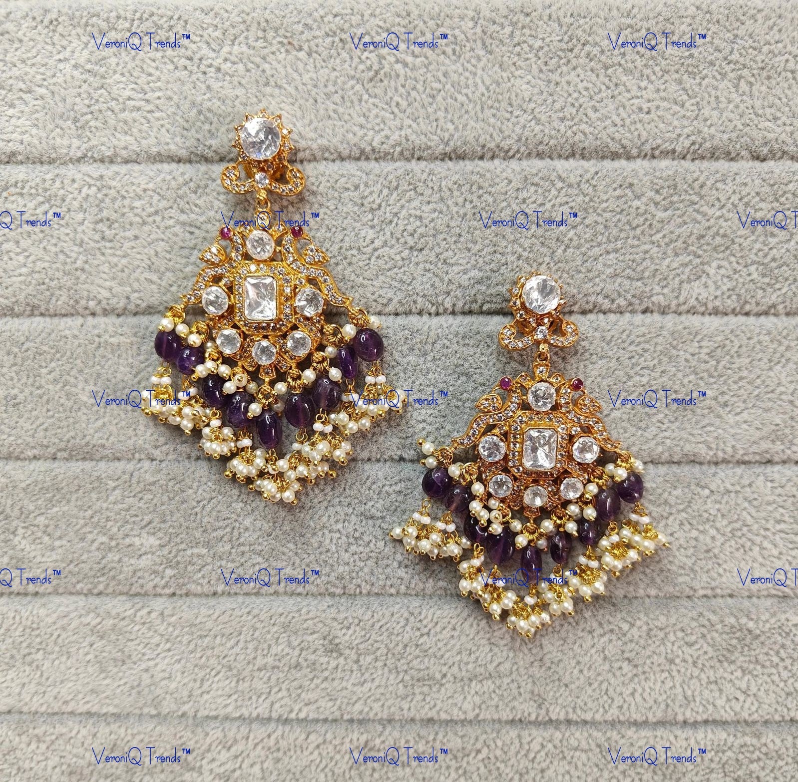VeroniQ Trends-Royal Peacock Design Gold Plated Polki Earrings With Sapphire Beads Polki-Gold Plated-Wedding Jewellery-Punjabi Jewellery-South Indian-Thappa Jewellery