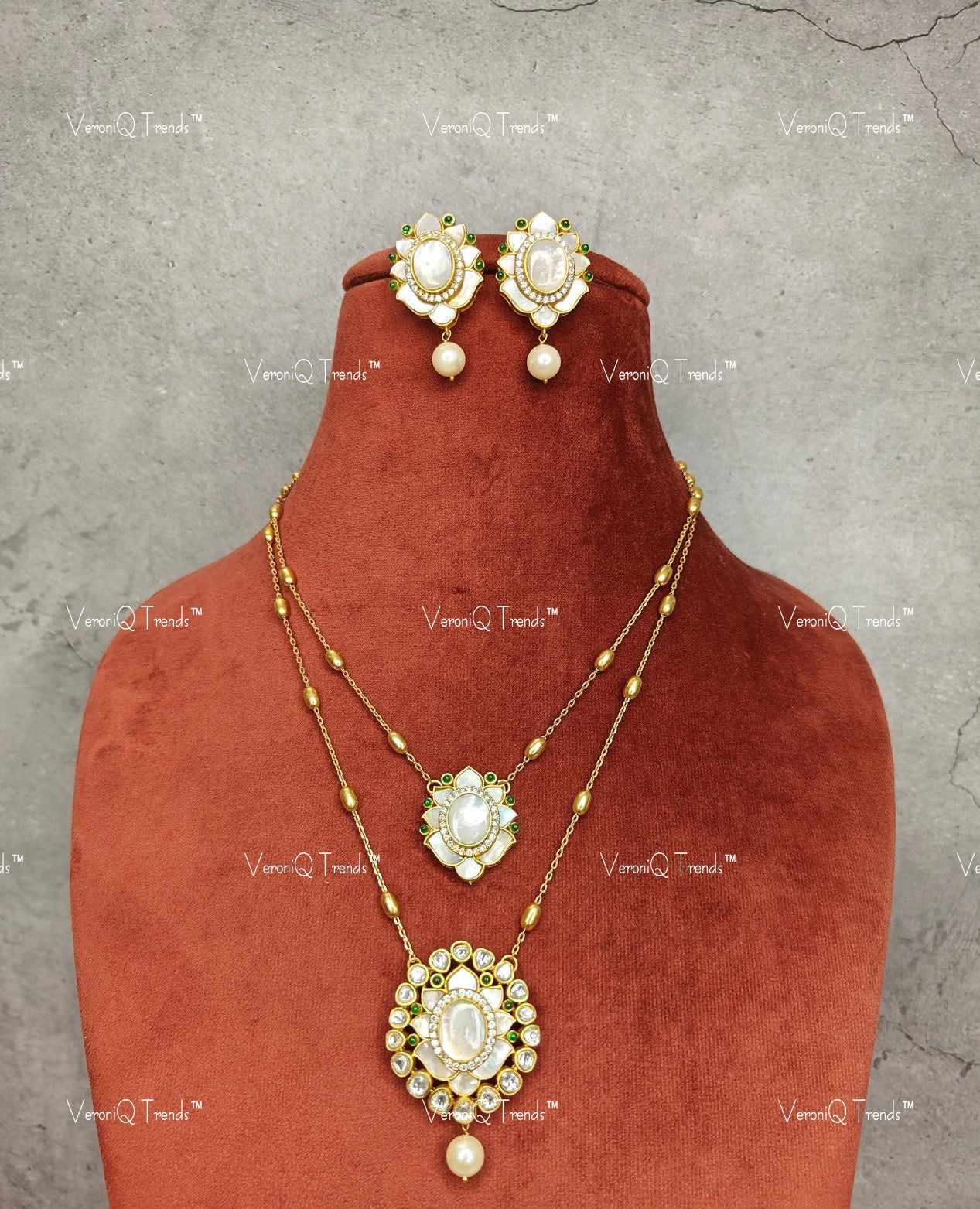 VeroniQ Trends-Double Line Polki Mid LengthMother Of Pearl Necklace Polki-Gold Plated-Wedding Jewellery-Punjabi Jewellery-South Indian-Thappa Jewellery