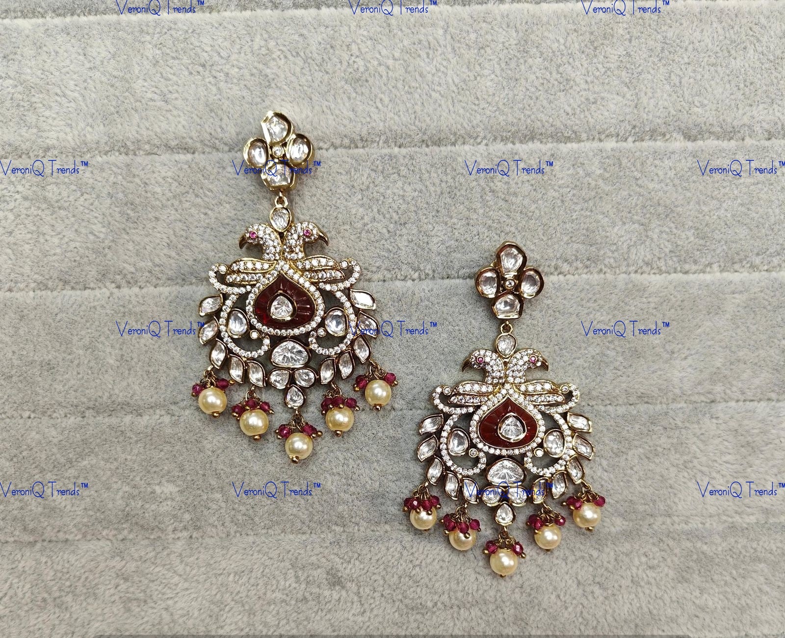 VeroniQ Trends-Peacock Design Polki Dangler Earrings With Paerl Polki-Fresh Water Pearl-Gold Plated-Wedding Jewellery-Punjabi Jewellery-South Indian-Thappa Jewellery