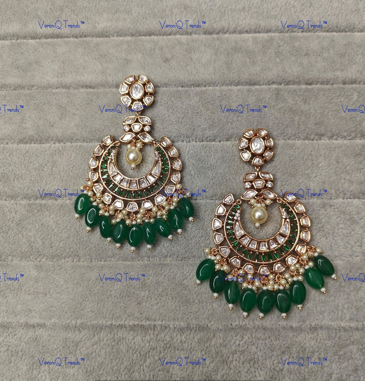 VeroniQ Trends-Royal Gold Plated Chandbali Polki Earrings With Green Beads Polki-Gold Plated-Wedding Jewellery-Punjabi Jewellery-South Indian-Thappa Jewellery
