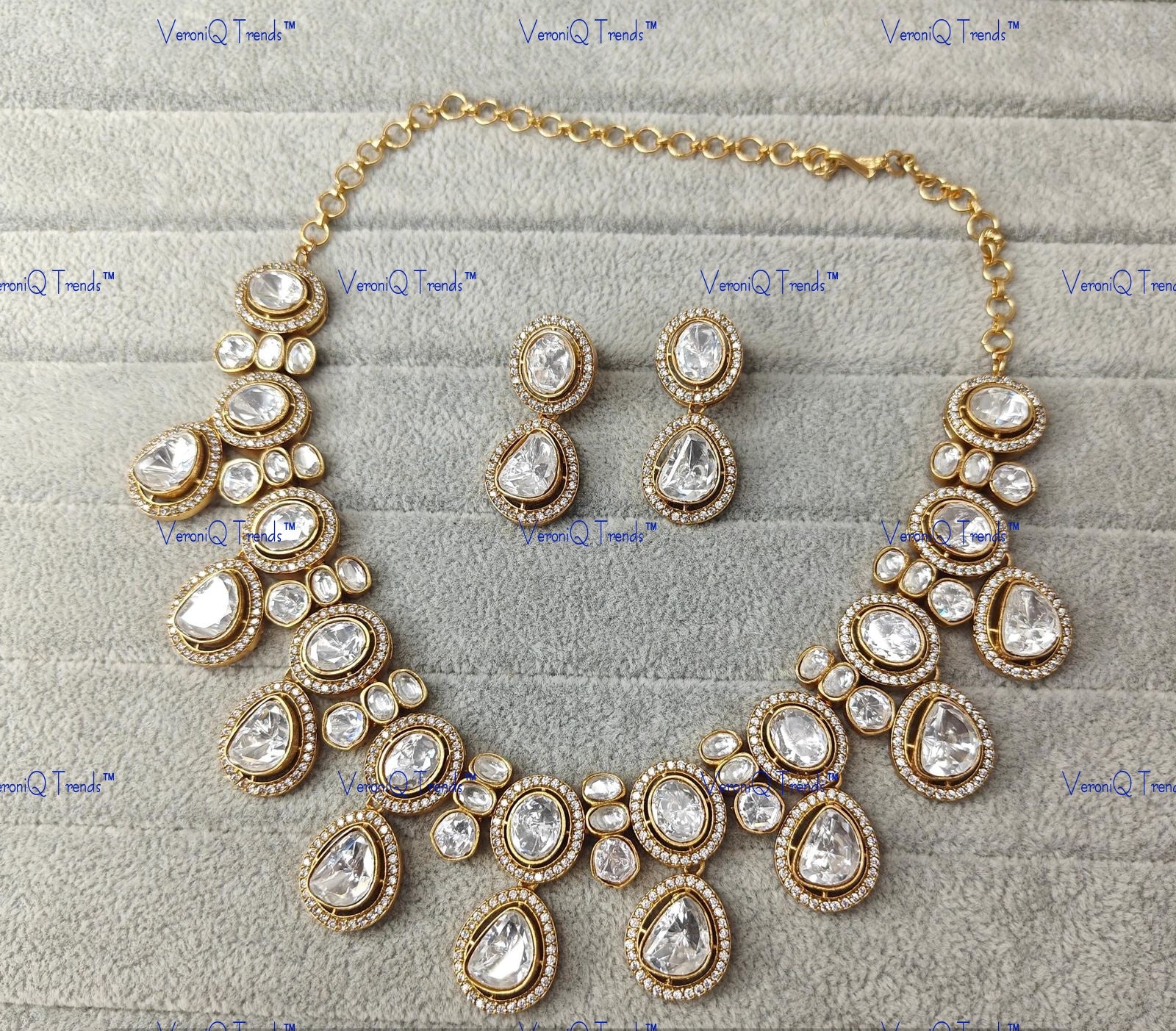 VeroniQ Trends-Diamond Look Polki And CZ Stone Necklace Polki-Gold Plated-Wedding Jewellery-Punjabi Jewellery-South Indian-Thappa Jewellery