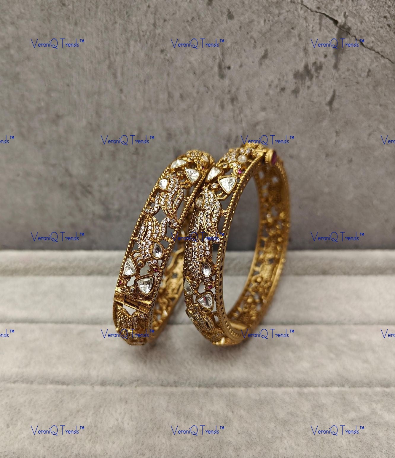 VeroniQ Trends-Royal Peacock Design Gold Plated Polki Bangles Polki-Gold Plated-Wedding Jewellery-Punjabi Jewellery-South Indian-Thappa Jewellery