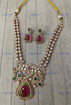 VeroniQ Trends-Double Line Gold Plated Polki Long Necklace Polki-Gold Plated-Wedding Jewelry-Punjabi Jewelry-South Indian-Thappa Jewelry