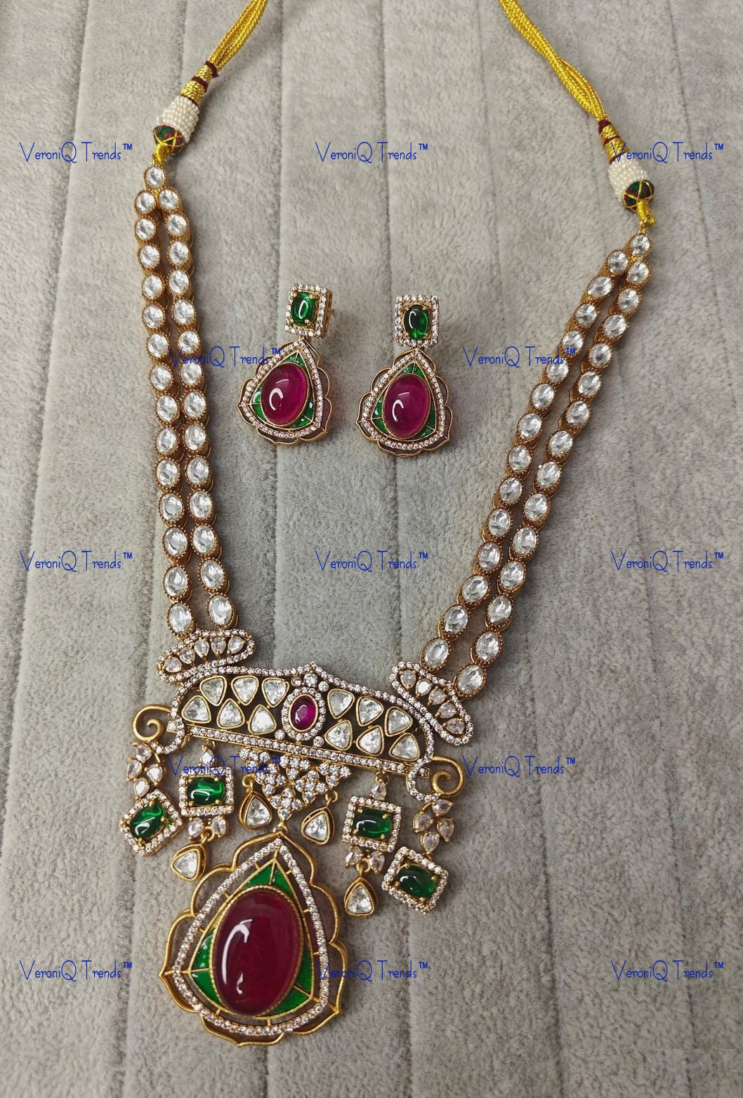 VeroniQ Trends-Double Line Gold Plated Polki Long Necklace Polki-Gold Plated-Wedding Jewellery-Punjabi Jewellery-South Indian-Thappa Jewellery