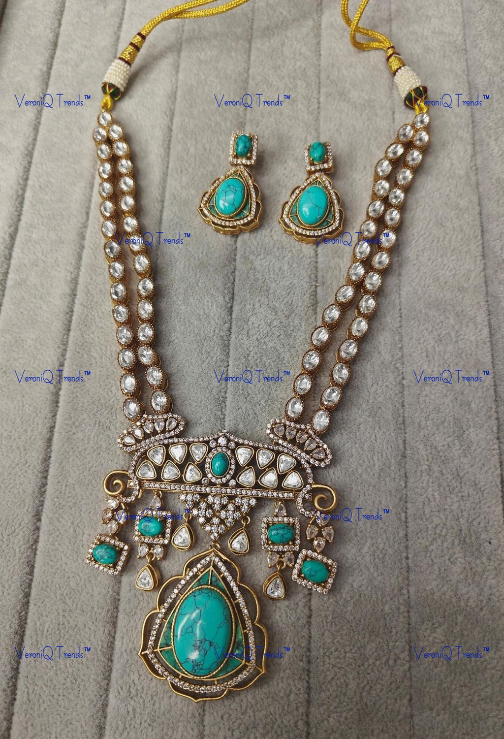 VeroniQ Trends-Double Line Gold Plated Polki Long Necklace Polki-Gold Plated-Wedding Jewellery-Punjabi Jewellery-South Indian-Thappa Jewellery