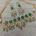 VeroniQ Trends-Gold Plated Emerald Green Stone And Polki Choker Necklace Polki-Gold Plated-Wedding Jewellery-Punjabi Jewellery-South Indian-Thappa Jewellery