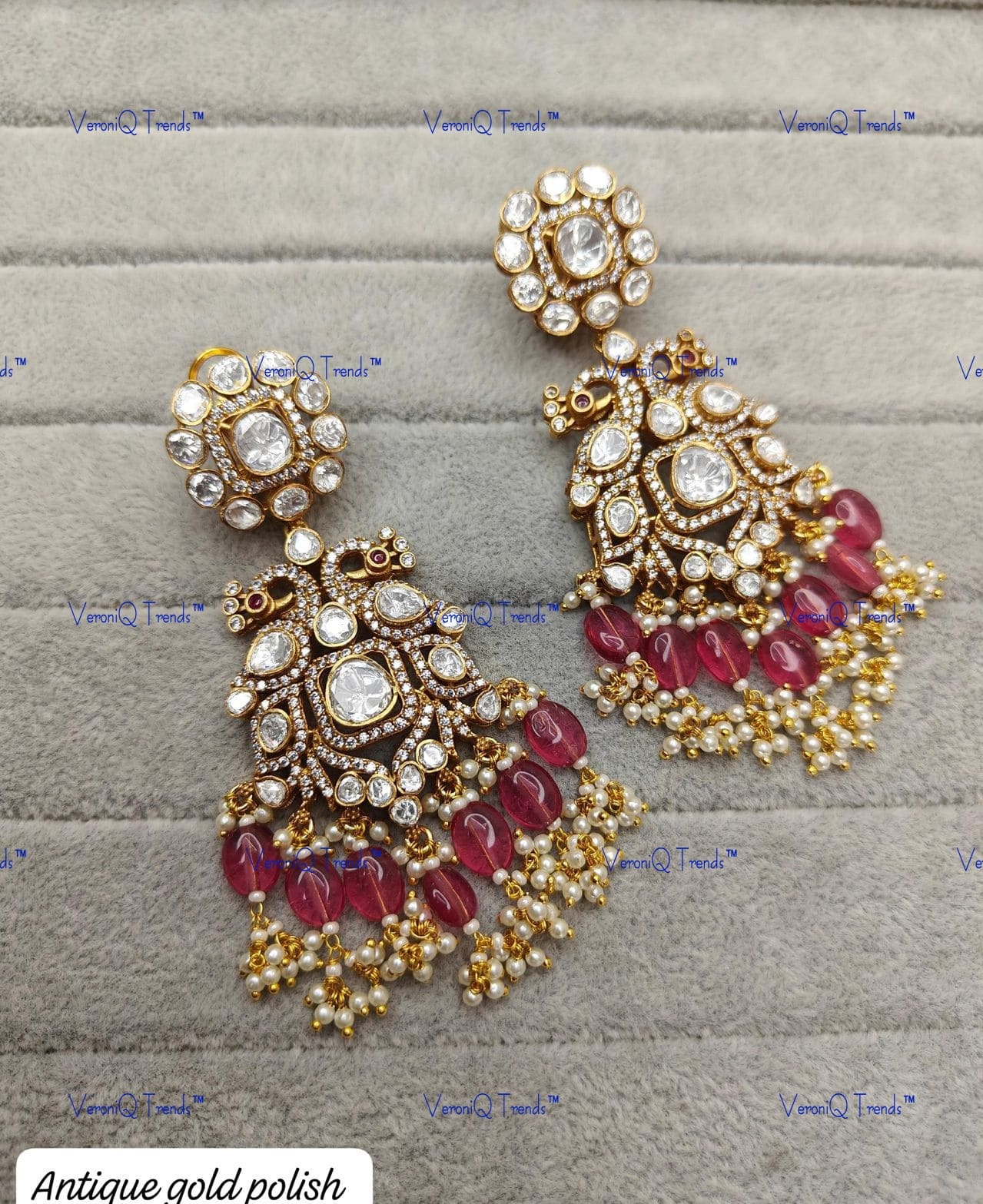 VeroniQ Trends-Gold Plated Peacock Motif And Beads Polki Earrings Polki-Gold Plated-Wedding Jewellery-Punjabi Jewellery-South Indian-Thappa Jewellery