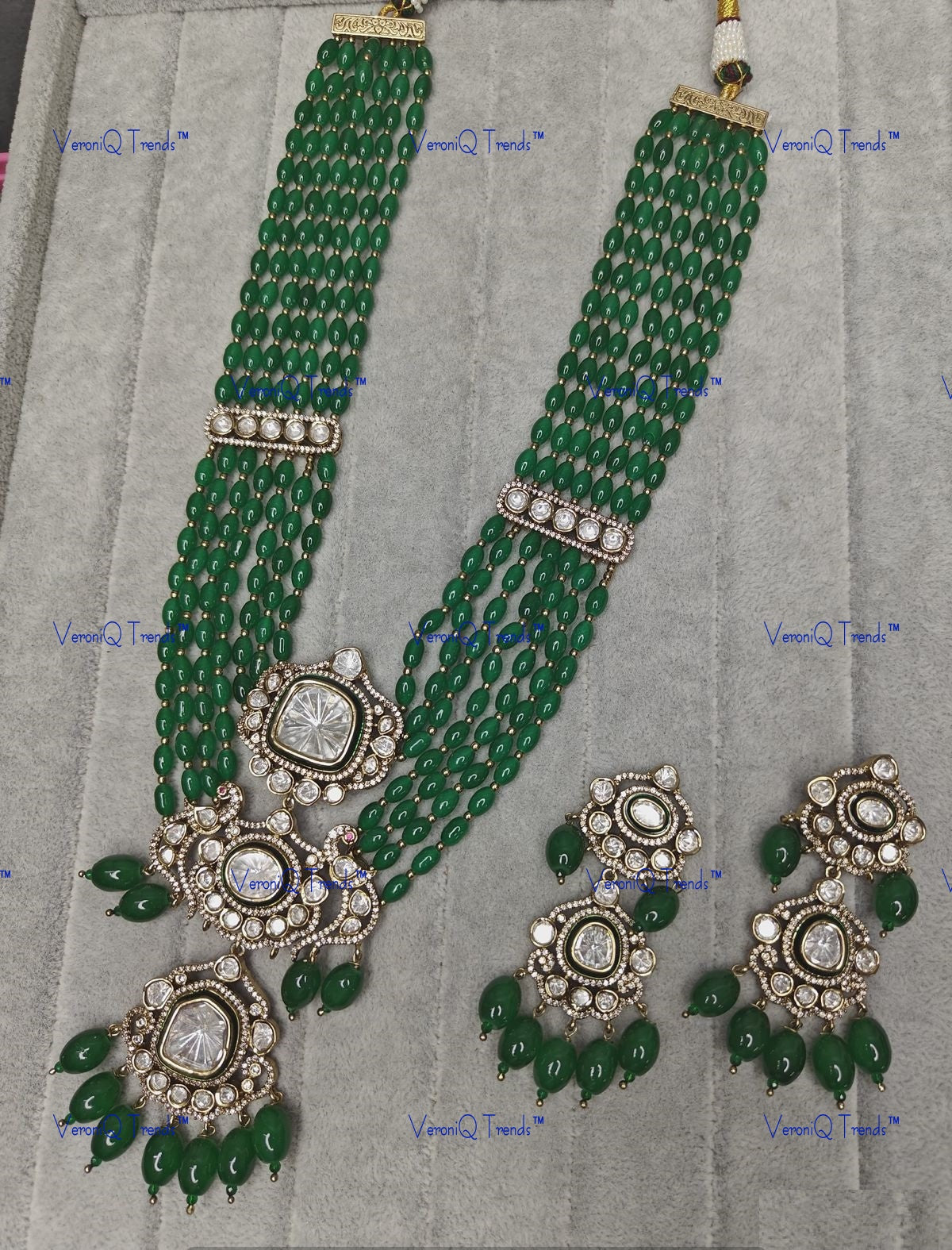 VeroniQ Trends-Multistrand Beaded Gold Plated Polki Choker Necklace With Peacock Motif Polki-Gold Plated-Wedding Jewellery-Punjabi Jewellery-South Indian-Thappa Jewellery