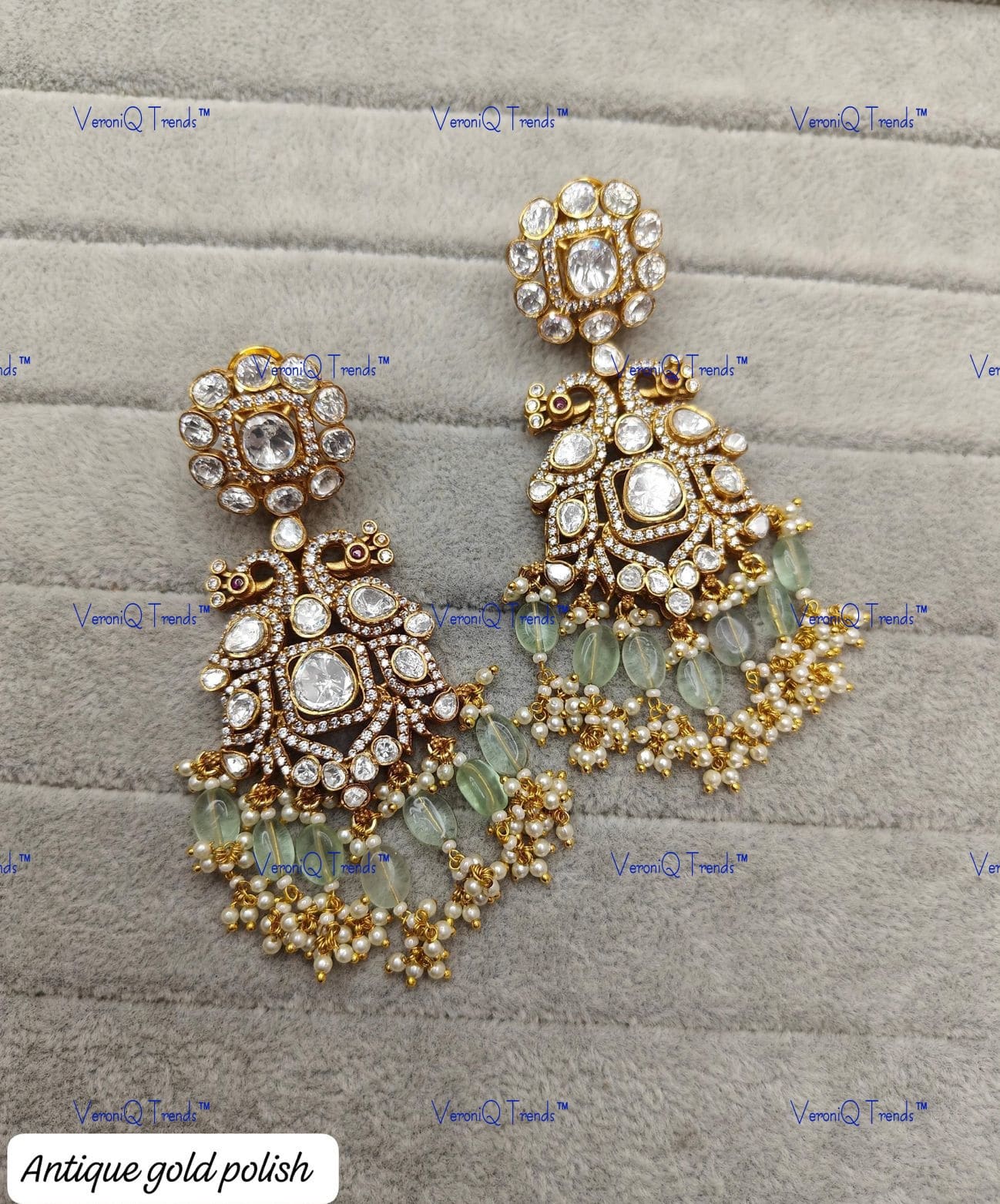 VeroniQ Trends-Gold Plated Peacock Motif And Beads Polki Earrings Polki-Gold Plated-Wedding Jewellery-Punjabi Jewellery-South Indian-Thappa Jewellery