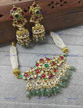 VeroniQ Trends-Multistrand Beaded Gold Plated Multicolor Stone And Polki Choker Necklace With Green Beads Polki-Gold Plated-Wedding Jewellery-Punjabi Jewellery-South Indian-Thappa Jewellery