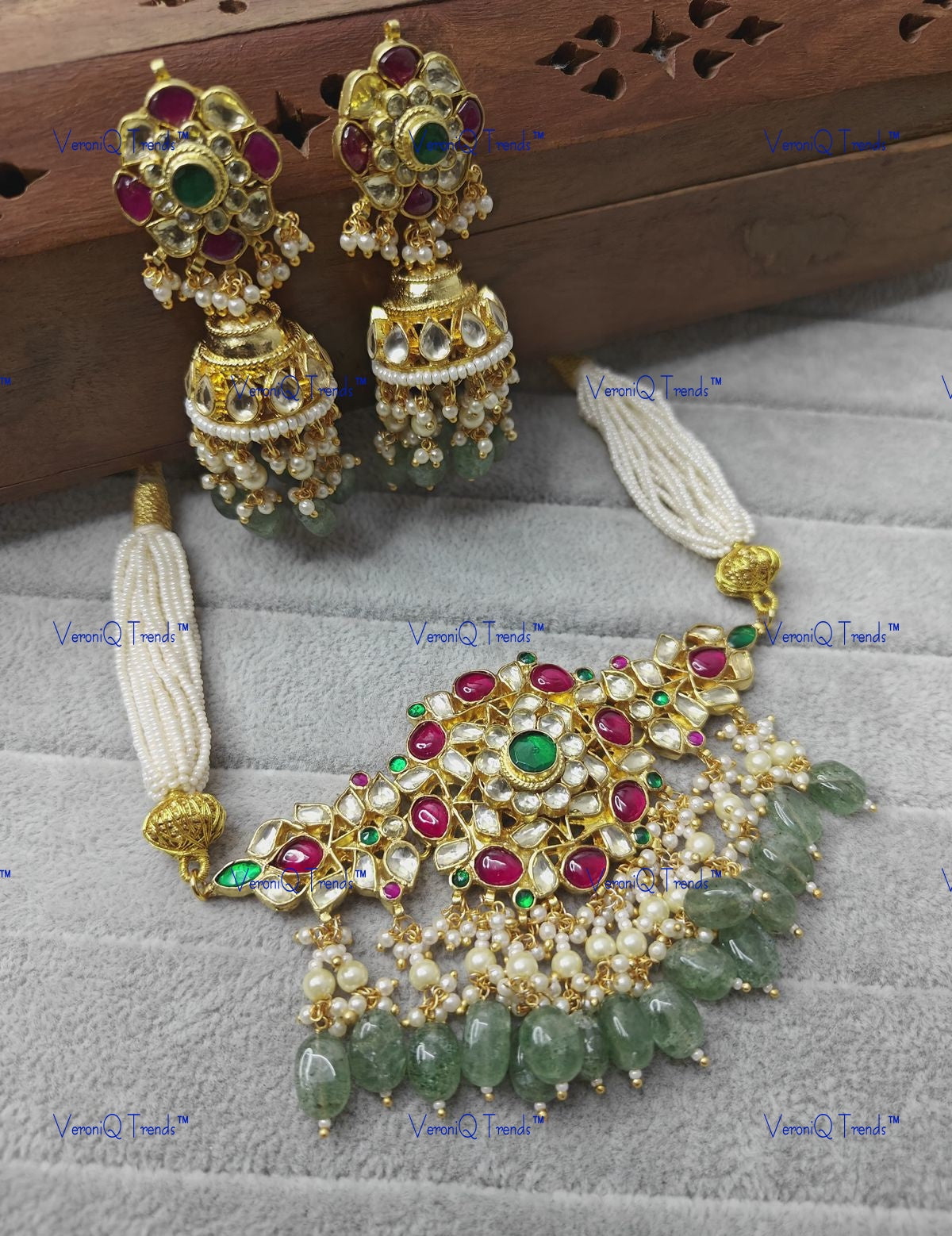 VeroniQ Trends-Multistrand Beaded Gold Plated Multicolor Stone And Polki Choker Necklace With Green Beads Polki-Gold Plated-Wedding Jewellery-Punjabi Jewellery-South Indian-Thappa Jewellery