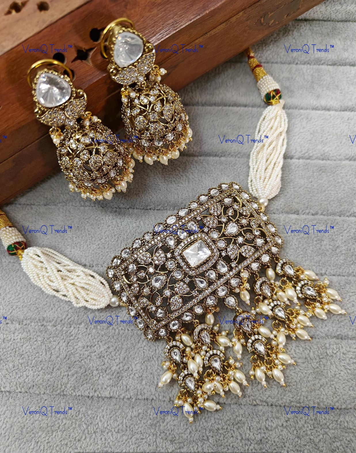 VeroniQ Trends-Elegant Multistrand Beaded Gold Plated Polki Choker Necklace Polki-Gold Plated-Wedding Jewellery-Punjabi Jewellery-South Indian-Thappa Jewellery