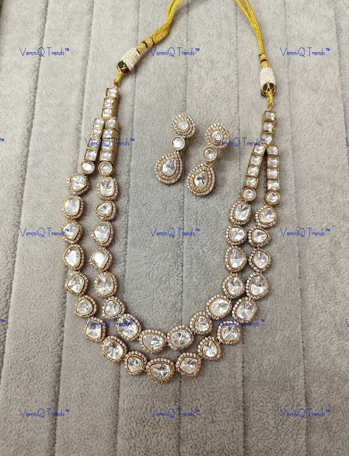 VeroniQ Trends-Beautiful Diamond Look Gold Plated Polki Long Necklace Polki-Gold Plated-Wedding Jewellery-Punjabi Jewellery-South Indian-Thappa Jewellery