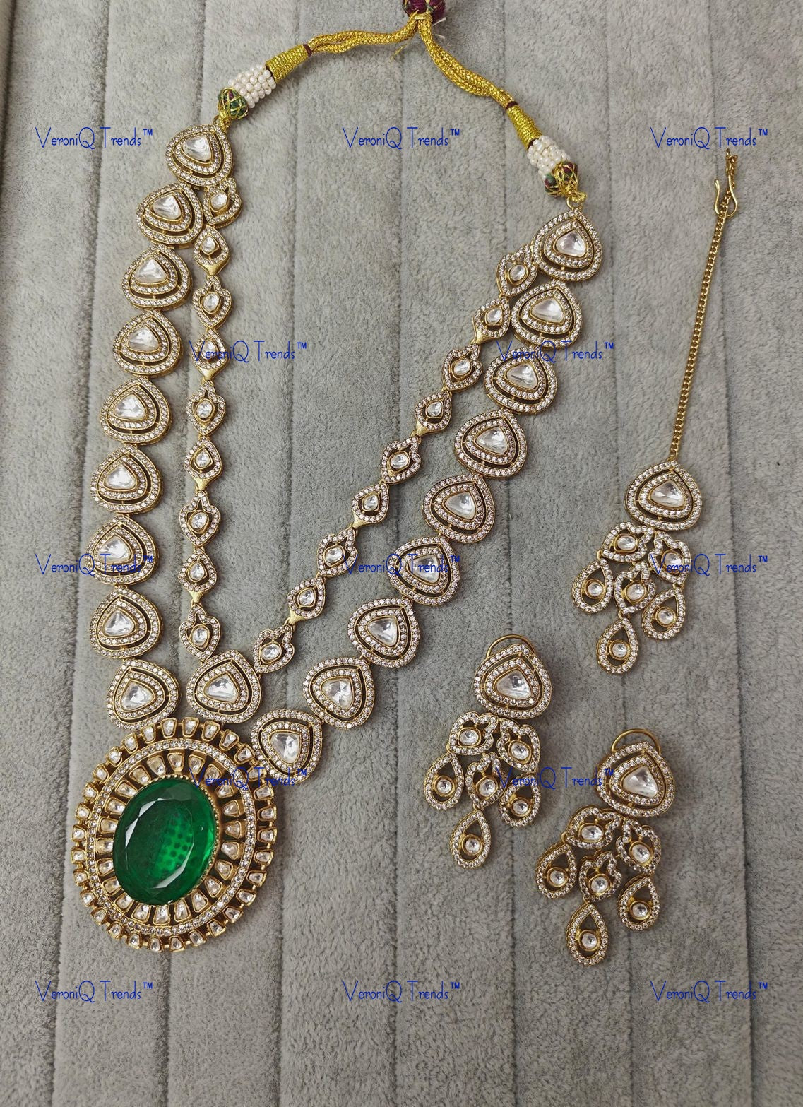 VeroniQ Trends-Double Line Gold Plated Emerald Green Stone And Polki Long Necklace Polki-Gold Plated-Wedding Jewellery-Punjabi Jewellery-South Indian-Thappa Jewellery