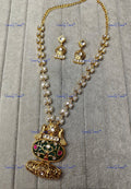 VeroniQ Trends-Gold Plated Green Carved Stone And Polki Long Necklace With Bird Motif Polki-Gold Plated-Wedding Jewellery-Punjabi Jewellery-South Indian-Thappa Jewellery