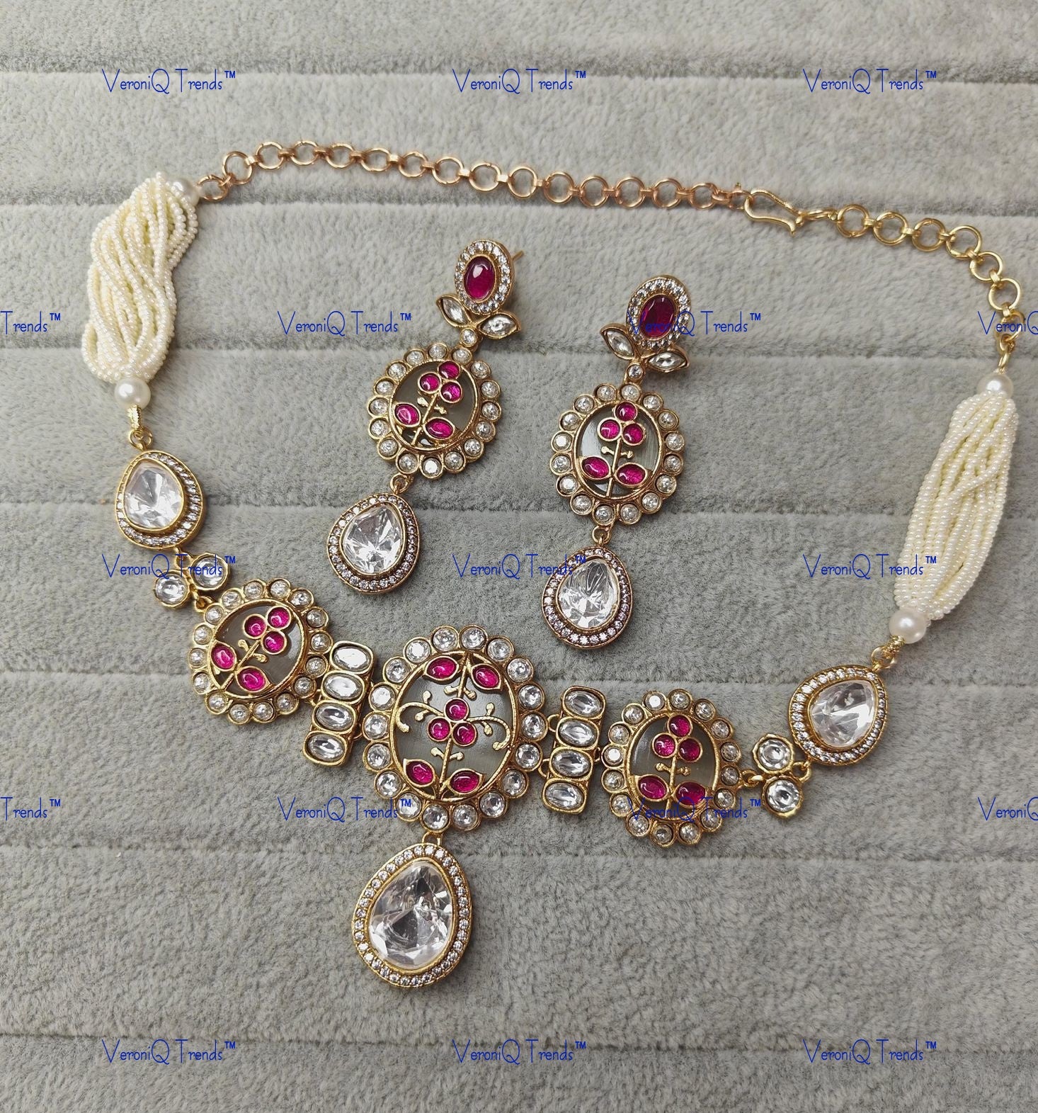 VeroniQ Trends-Multistrand Gold Plated Carved Stone And Polki Choker Necklace Polki-Gold Plated-Wedding Jewellery-Punjabi Jewellery-South Indian-Thappa Jewellery