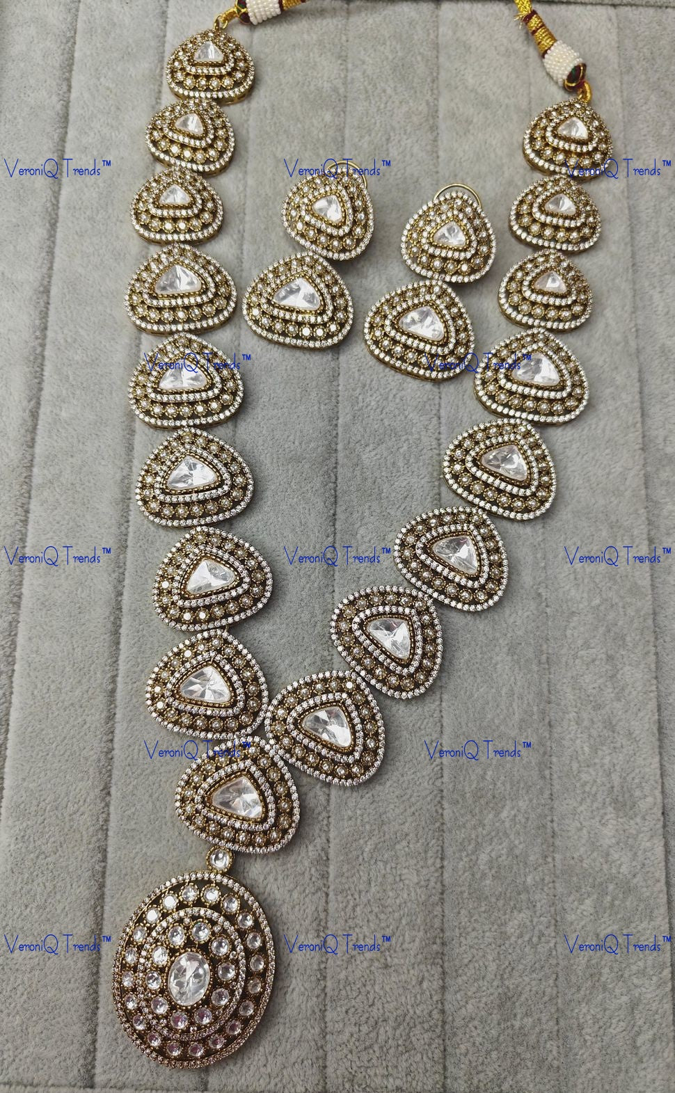 VeroniQ Trends-Victorian Gold Plated Diamond Look Polki Long Necklace Polki-Gold Plated-Wedding Jewellery-Punjabi Jewellery-South Indian-Thappa Jewellery