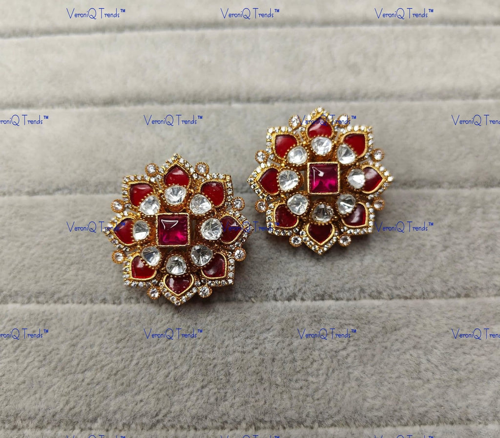 VeroniQ Trends-Floral Gold Plated Polki Studs Earrings Polki-Gold Plated-Wedding Jewellery-Punjabi Jewellery-South Indian-Thappa Jewellery