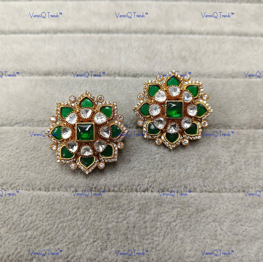 VeroniQ Trends-Floral Gold Plated Polki Studs Earrings Polki-Gold Plated-Wedding Jewellery-Punjabi Jewellery-South Indian-Thappa Jewellery
