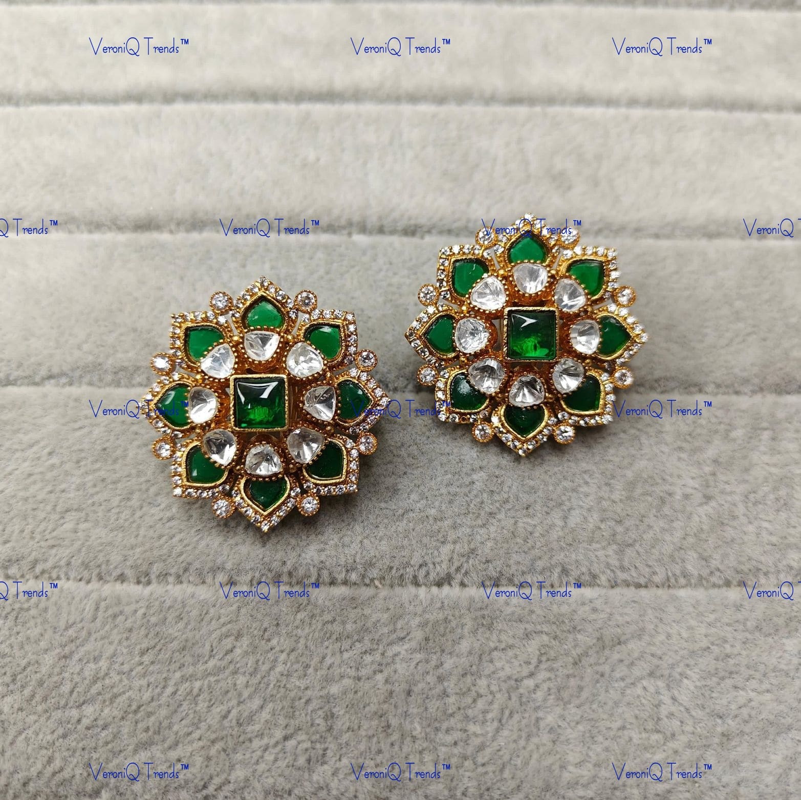 VeroniQ Trends-Floral Gold Plated Polki Studs Earrings Polki-Gold Plated-Wedding Jewellery-Punjabi Jewellery-South Indian-Thappa Jewellery