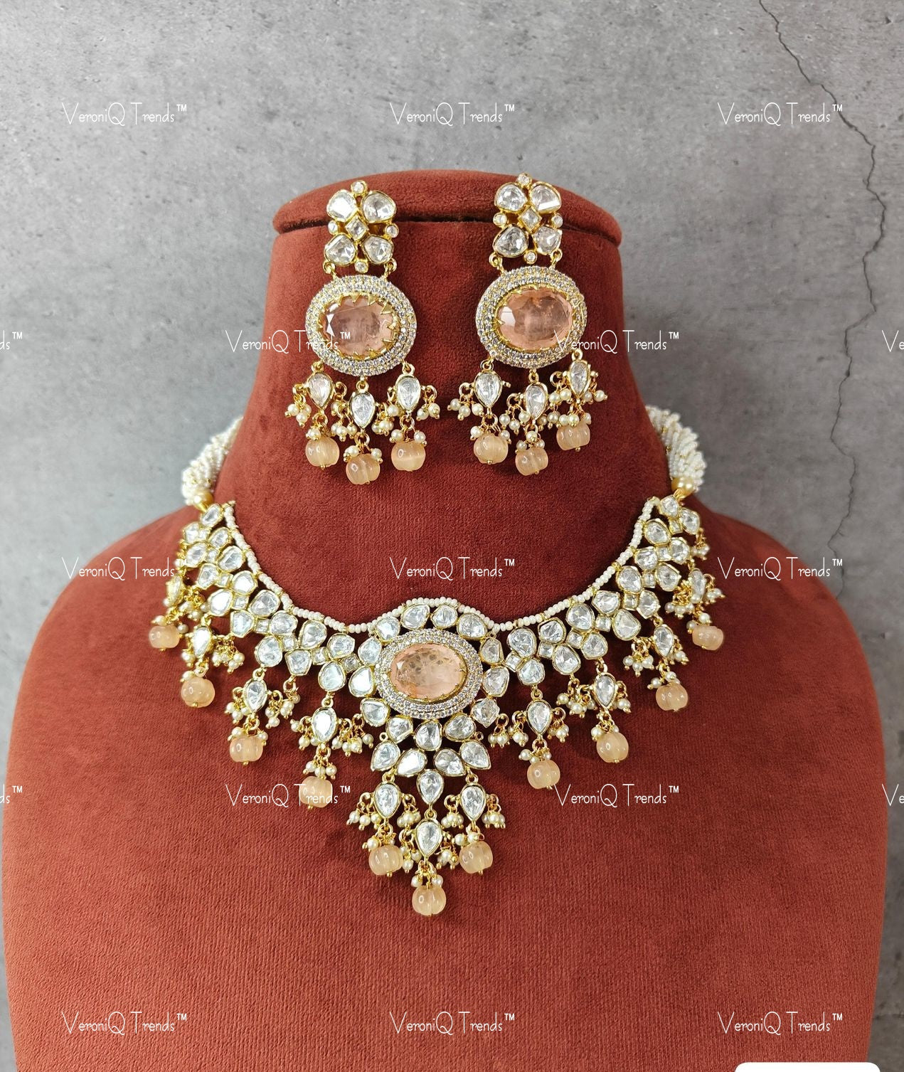VeroniQ Trends-Peach Stone Polki Necklace With Peach Beads Polki-Gold Plated-Wedding Jewellery-Punjabi Jewellery-South Indian-Thappa Jewellery