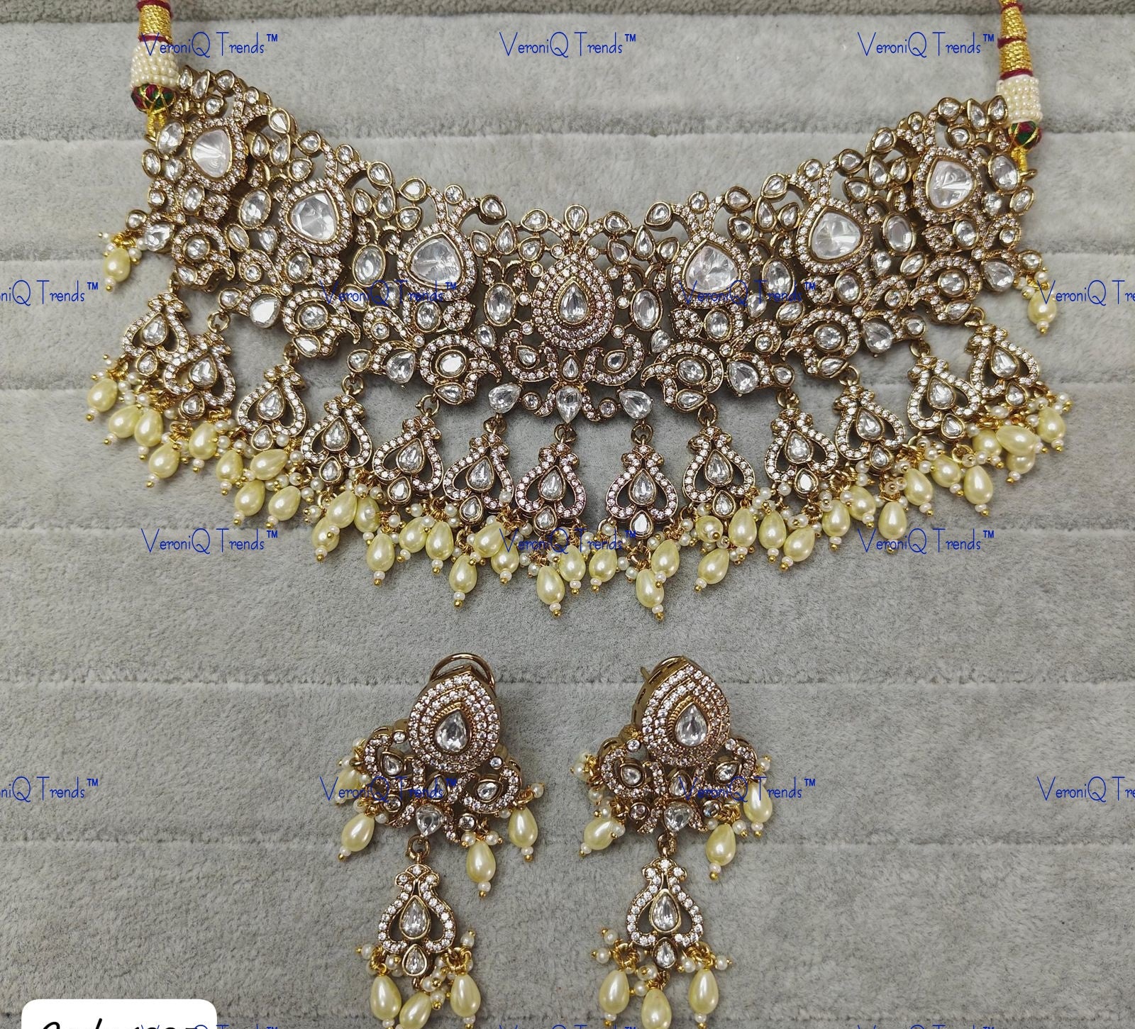 VeroniQ Trends-Victorian Gold Plated Polki Choker Necklace With Pearl Drop Polki-Gold Plated-Wedding Jewellery-Punjabi Jewellery-South Indian-Thappa Jewellery