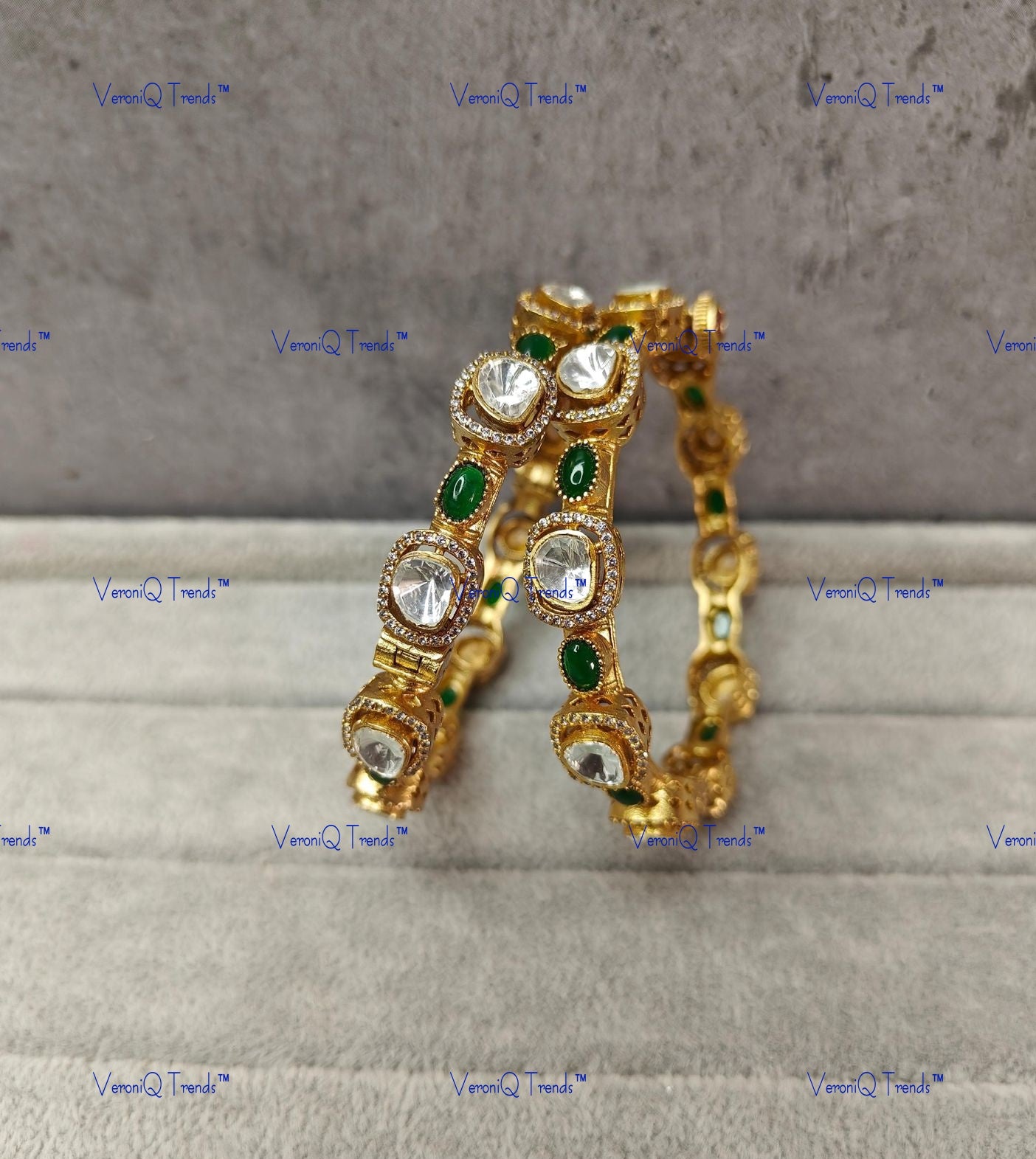 VeroniQ Trends-Latest Design Gold Plated Emerald Green Stone Polki Bangles Polki-Gold Plated-Wedding Jewellery-Punjabi Jewellery-South Indian-Thappa Jewellery