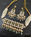 VeroniQ Trends-Multistrand Green Carved Gold Plated Polki Choker Necklace With Green Beads Polki-Gold Plated-Wedding Jewellery-Punjabi Jewellery-South Indian-Thappa Jewellery