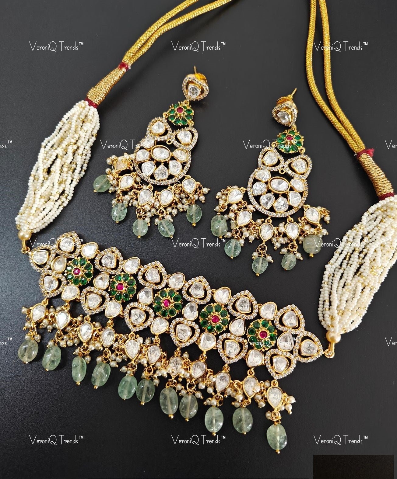 VeroniQ Trends-Multistrand Green Carved Gold Plated Polki Choker Necklace With Green Beads Polki-Gold Plated-Wedding Jewellery-Punjabi Jewellery-South Indian-Thappa Jewellery