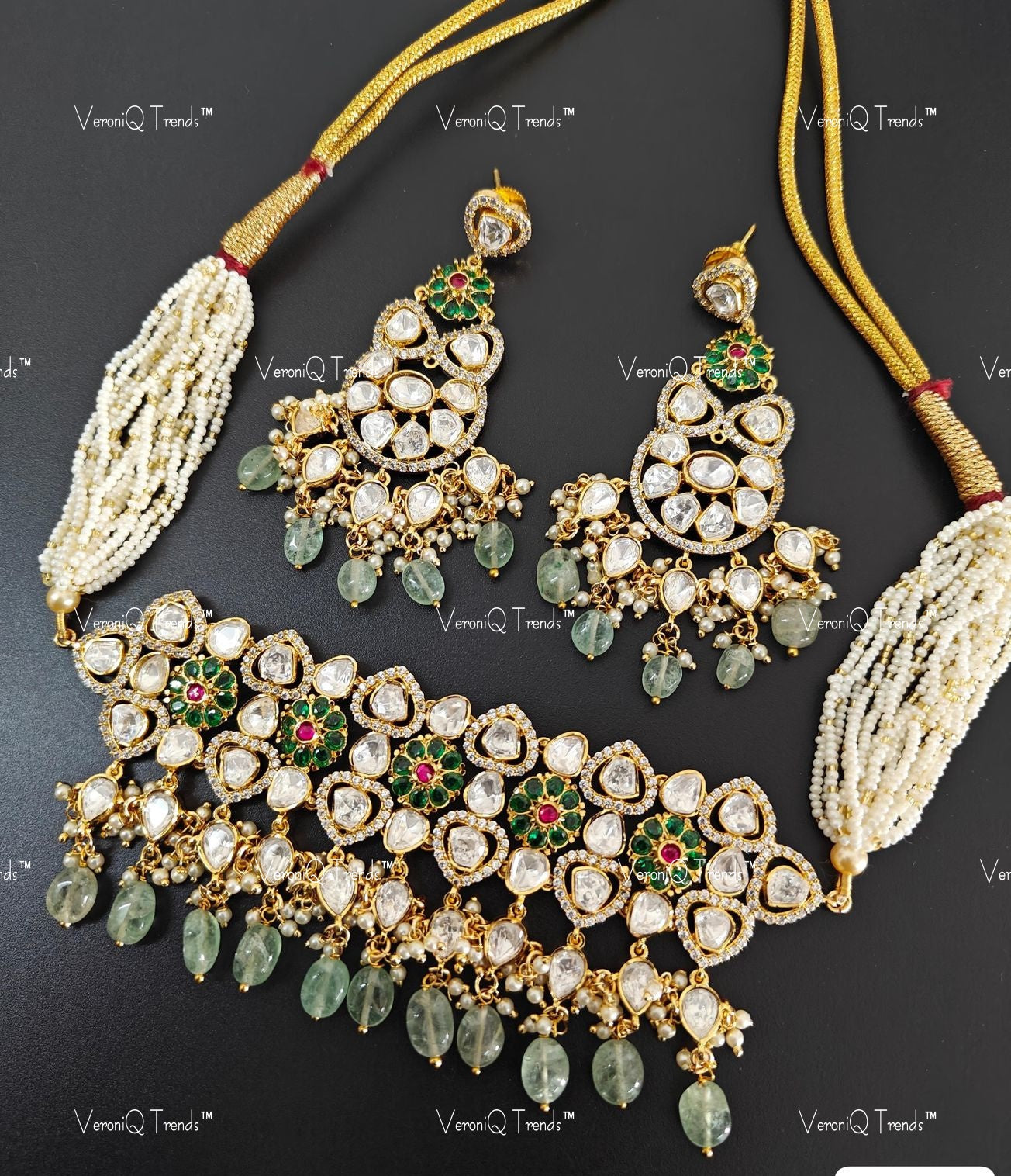 VeroniQ Trends-Emerald And Polki Choker Necklace With Emerald Green Beads Polki-Gold Plated-Wedding Jewellery-Punjabi Jewellery-South Indian-Thappa Jewellery