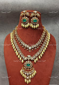 VeroniQ Trends-Emerald And Polki Double Line Long Necklace Polki-Emerald Stone-Gold Plated-Wedding Jewellery-Punjabi Jewellery-South Indian-Thappa Jewellery