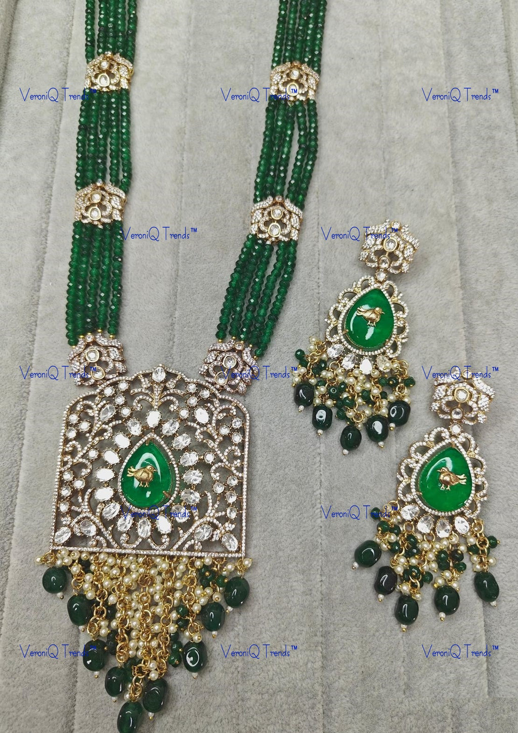 VeroniQ Trends-Royal Multistrand Gold Plated Mughal Style Polki Long Necklace Polki-Gold Plated-Wedding Jewellery-Punjabi Jewellery-South Indian-Thappa Jewellery