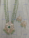 VeroniQ Trends-Victorian Multistrand Green Beaded Polki Long Necklace With Peacock Motif Polki-Gold Plated-Wedding Jewellery-Punjabi Jewellery-South Indian-Thappa Jewellery