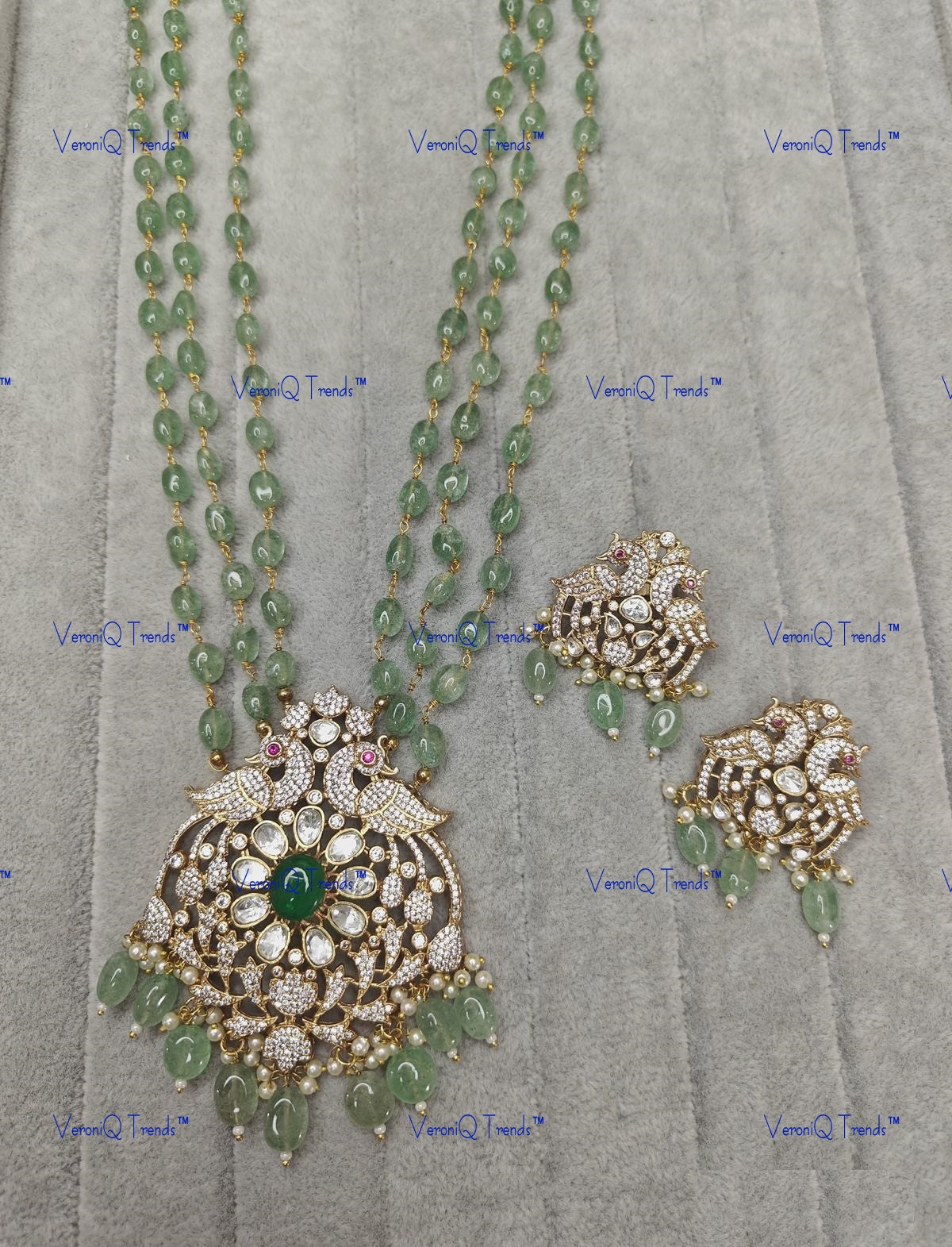 VeroniQ Trends-Victorian Multistrand Green Beaded Polki Long Necklace With Peacock Motif Polki-Gold Plated-Wedding Jewellery-Punjabi Jewellery-South Indian-Thappa Jewellery