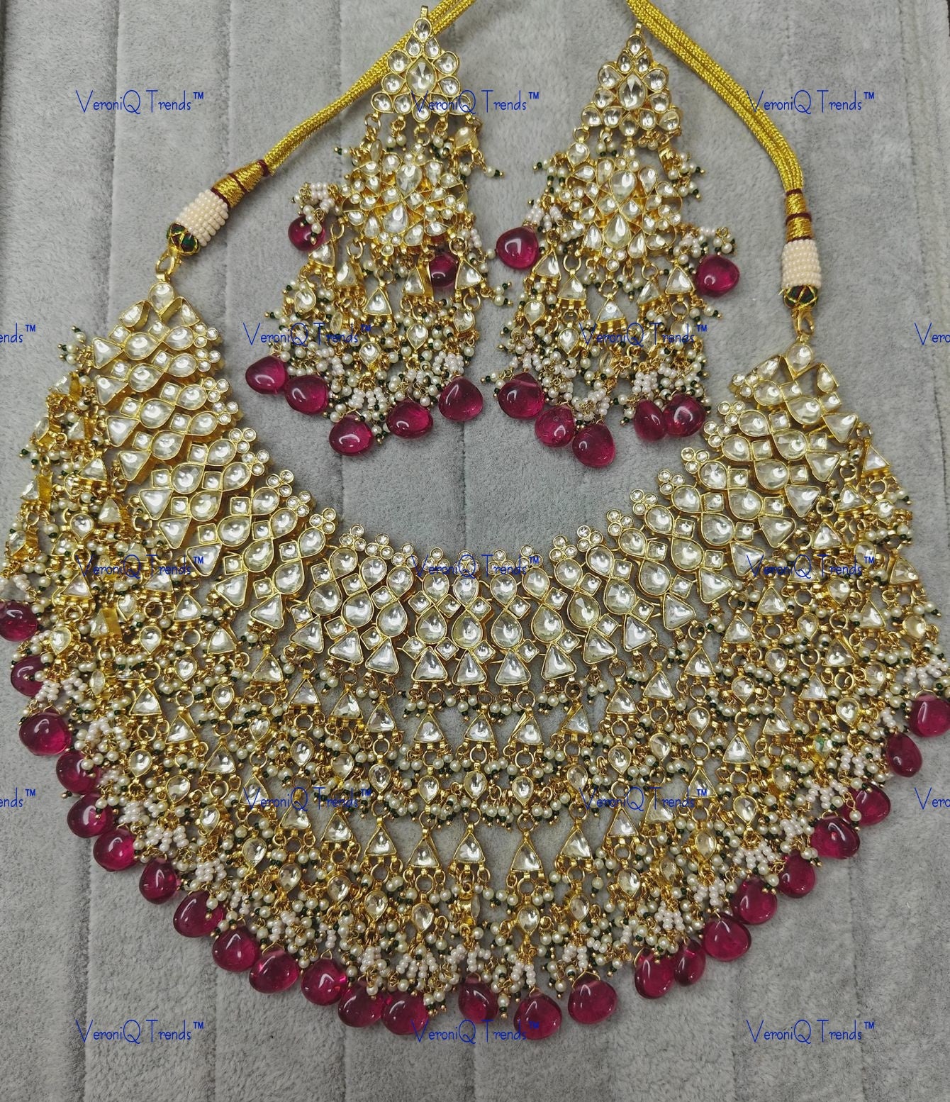 VeroniQ Trends-Bridal Polki Choker Necklace With Red Beads Polki-Gold Plated-Wedding Jewellery-Punjabi Jewellery-South Indian-Thappa Jewellery