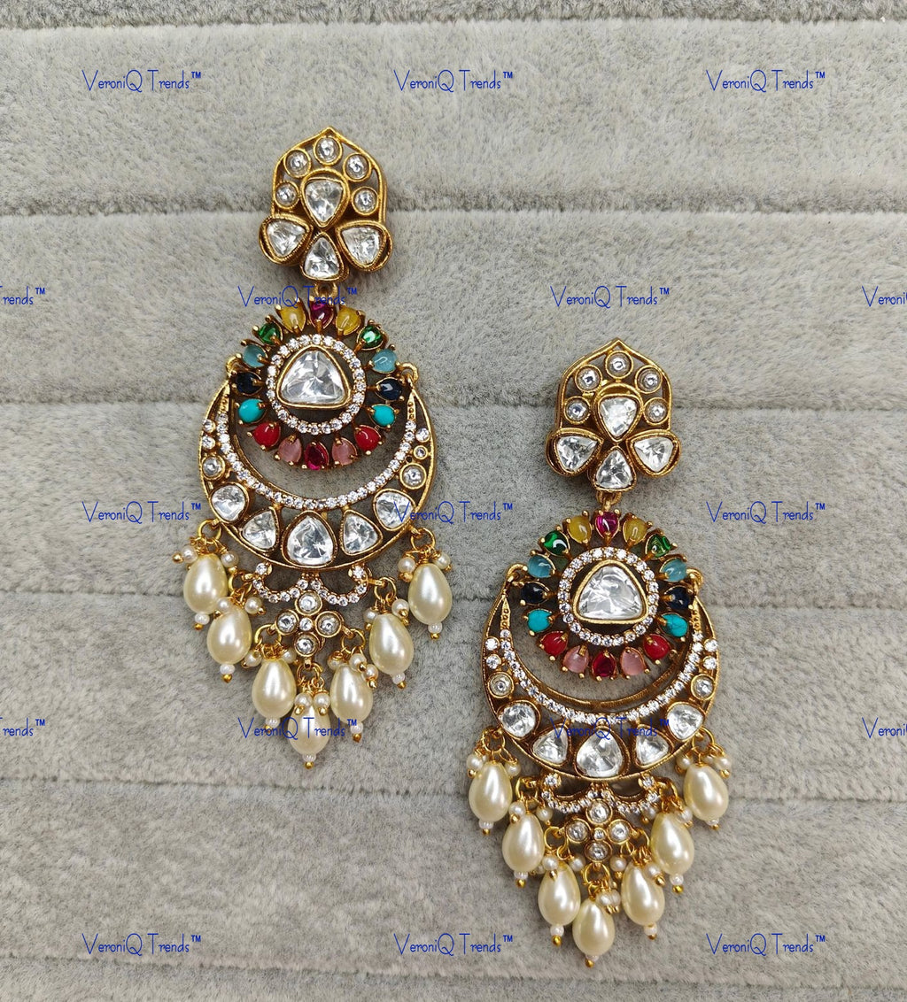 VeroniQ Trends-Traditional Chandbali Design Gold Plated Polki Earrings Polki-Gold Plated-Wedding Jewellery-Punjabi Jewellery-South Indian-Thappa Jewellery