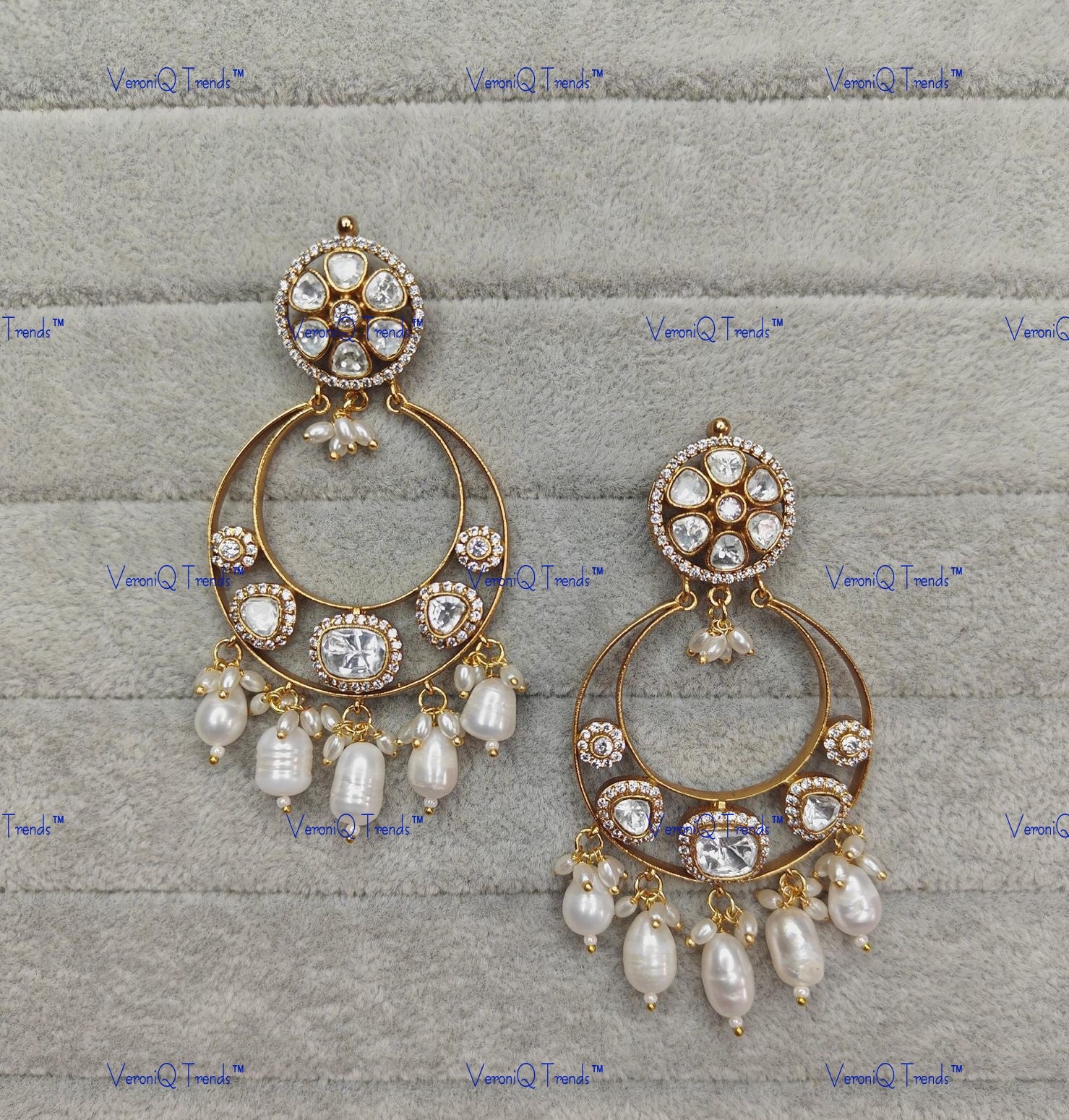 VeroniQ Trends-Traditional Chandbali Design Gold Plated Polki Earrings With Pearl Polki-Gold Plated-Wedding Jewellery-Punjabi Jewellery-South Indian-Thappa Jewellery