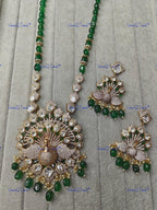 VeroniQ Trends-Peacock Design Pendant Beaded Polki Long Necklace Polki-Gold Plated-Wedding Jewelry-Punjabi Jewelry-South Indian-Thappa Jewelry