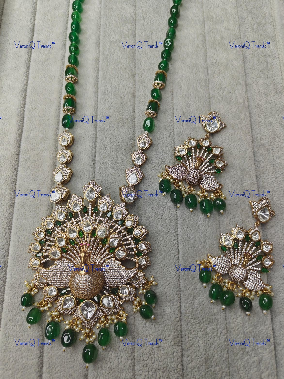 VeroniQ Trends-Peacock Design Pendant Beaded Polki Long Necklace Polki-Gold Plated-Wedding Jewellery-Punjabi Jewellery-South Indian-Thappa Jewellery
