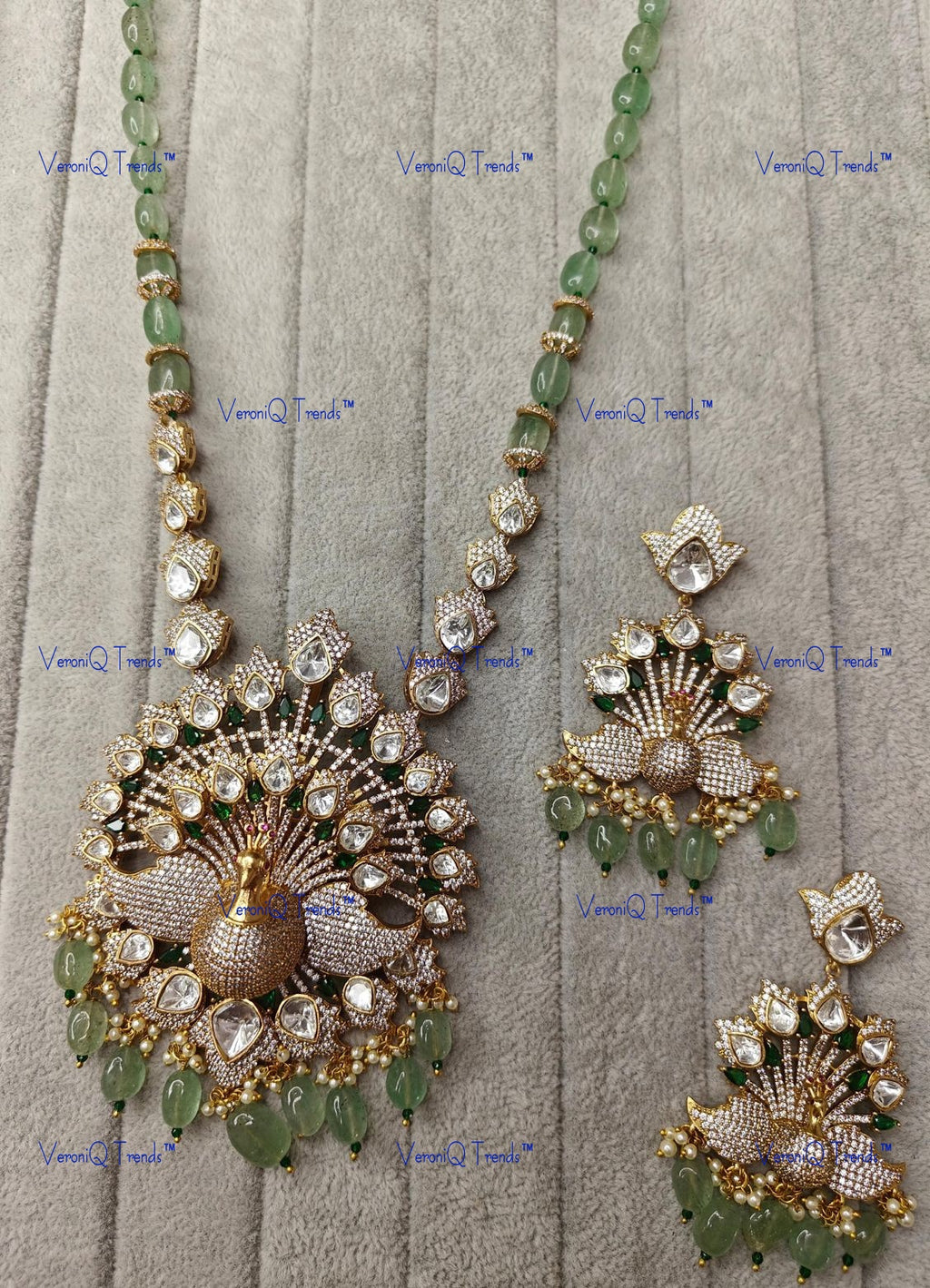 VeroniQ Trends-Peacock Design Pendant Beaded Polki Long Necklace Polki-Gold Plated-Wedding Jewellery-Punjabi Jewellery-South Indian-Thappa Jewellery