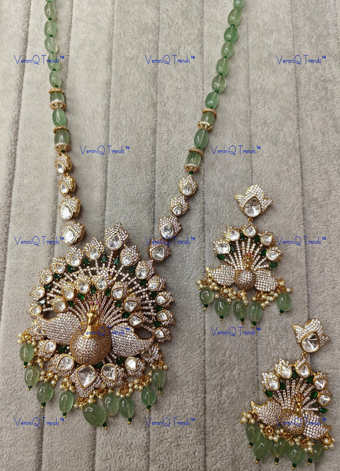 VeroniQ Trends-Peacock Design Pendant Beaded Polki Long Necklace Polki-Gold Plated-Wedding Jewellery-Punjabi Jewellery-South Indian-Thappa Jewellery