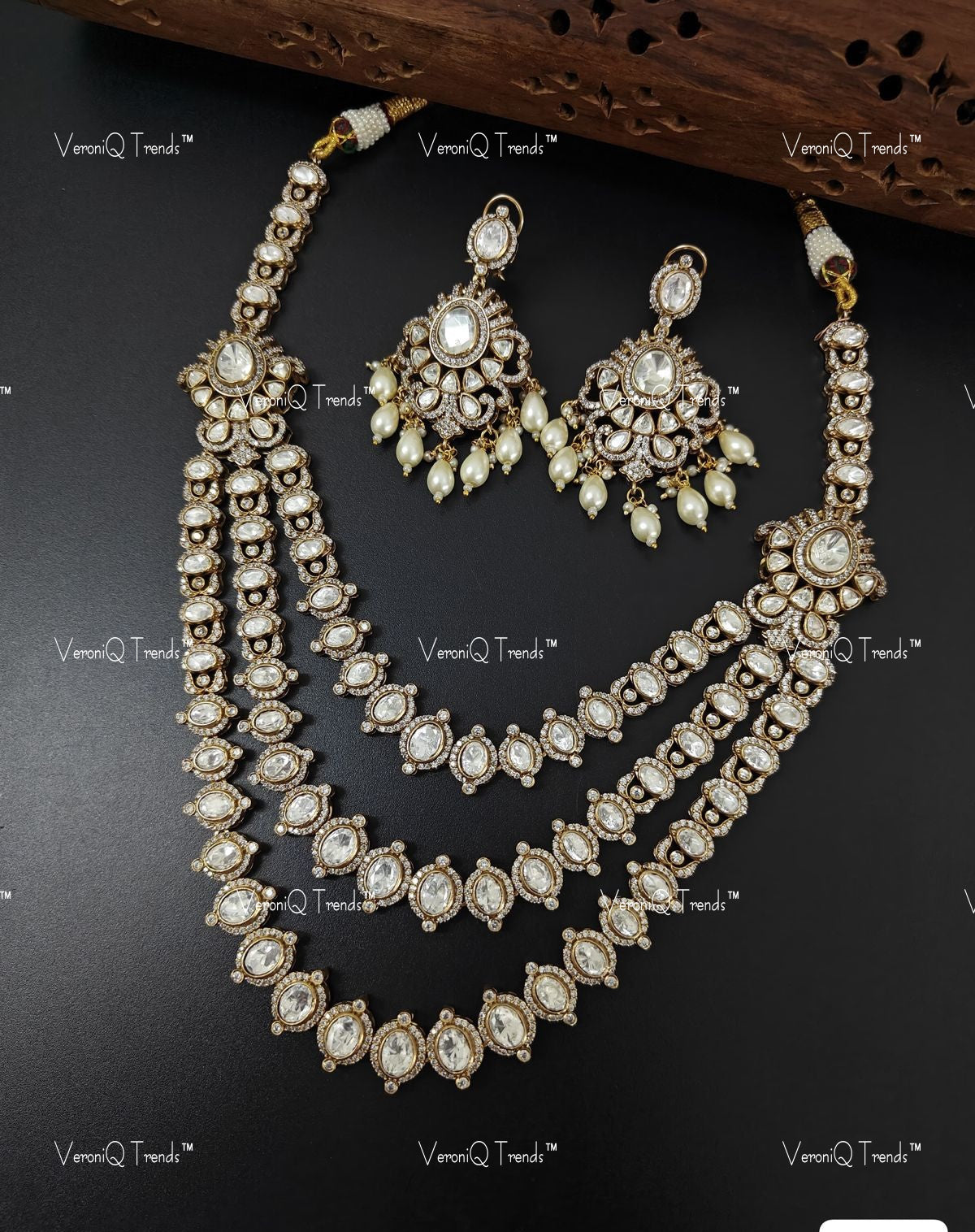 VeroniQ Trends-Three Line Diamond Look Polki Mid Length Necklace Polki-Gold Plated-Wedding Jewellery-Punjabi Jewellery-South Indian-Thappa Jewellery